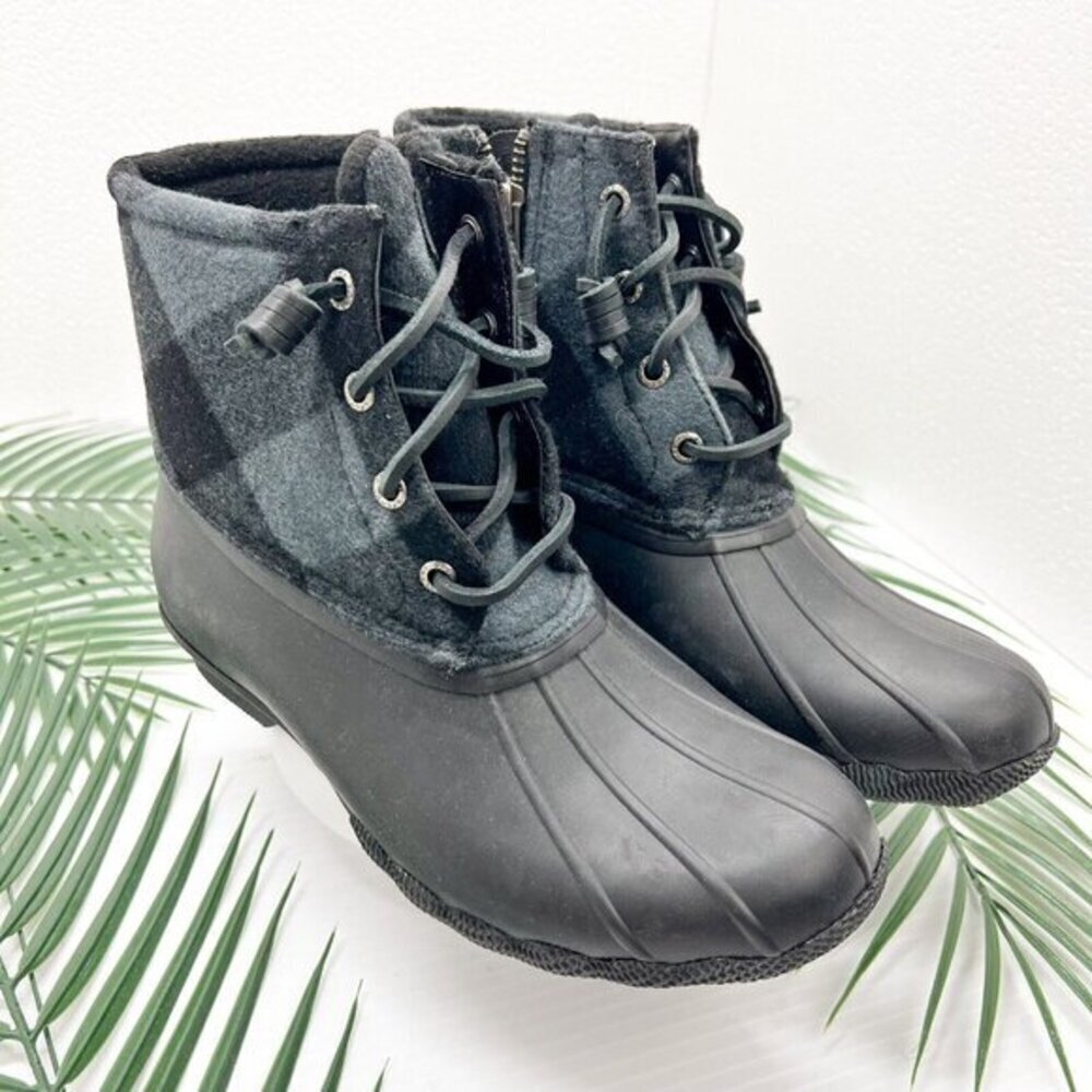 Sperry Saltwater Women’s Check Black Side Zip Lace UP Duck Boots Size 6 NWOB